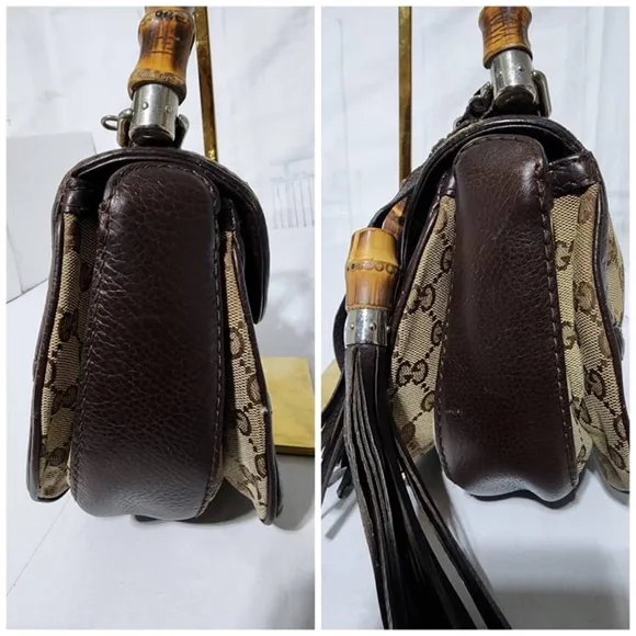 SOLD*Authentic GUCCI GG Canvas And Leather New Bamboo Top Handle Bag Beige/Brown - Picture 6 of 16